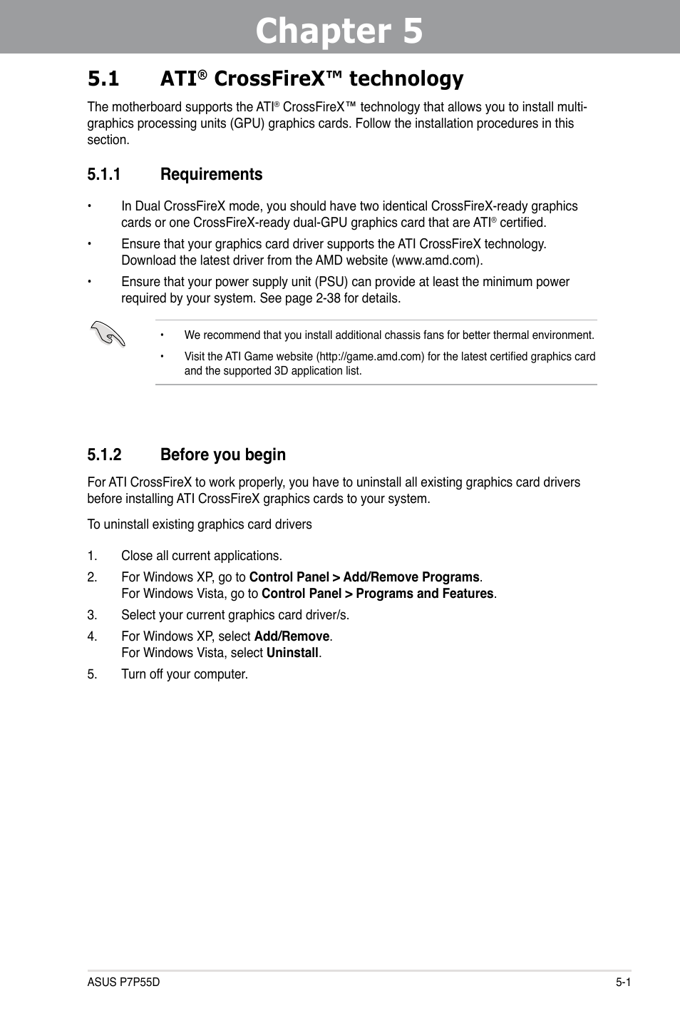 Chapter 5, 1 ati, Crossfirex™ technology | 1 requirements, 2 before you begin | Asus Motherboard P7P55D User Manual | Page 119 / 122