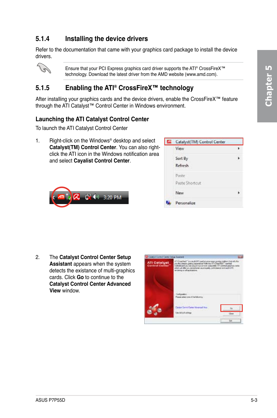 Chapter 5, 4 installing the device drivers, 5 enabling the ati | Crossfirex™ technology | Asus Motherboard P7P55D User Manual | Page 121 / 122