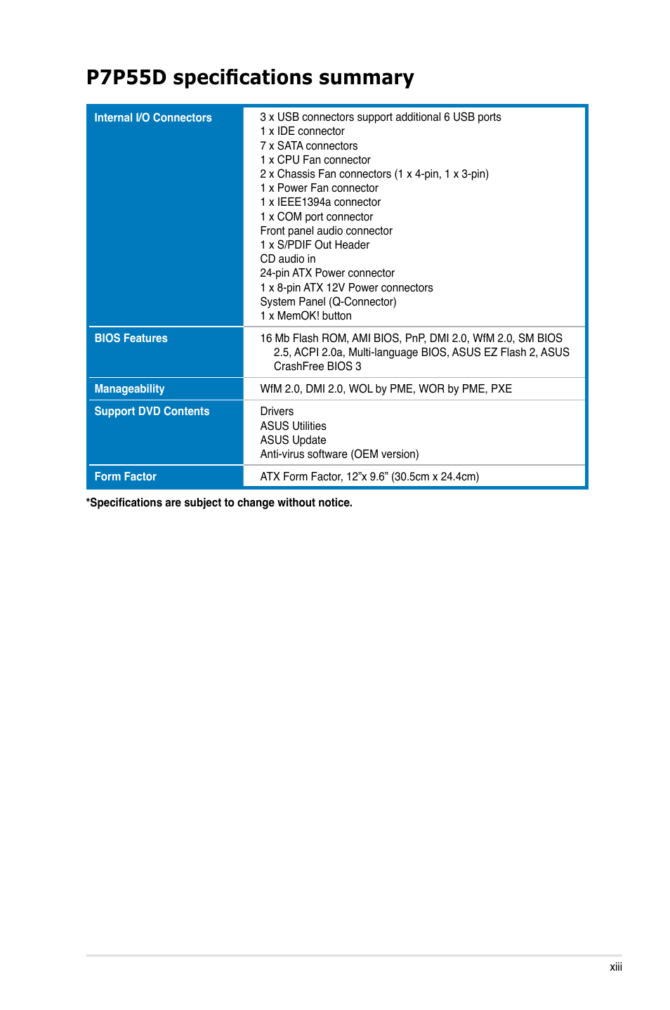 P7p55d specifications summary | Asus Motherboard P7P55D User Manual | Page 13 / 122