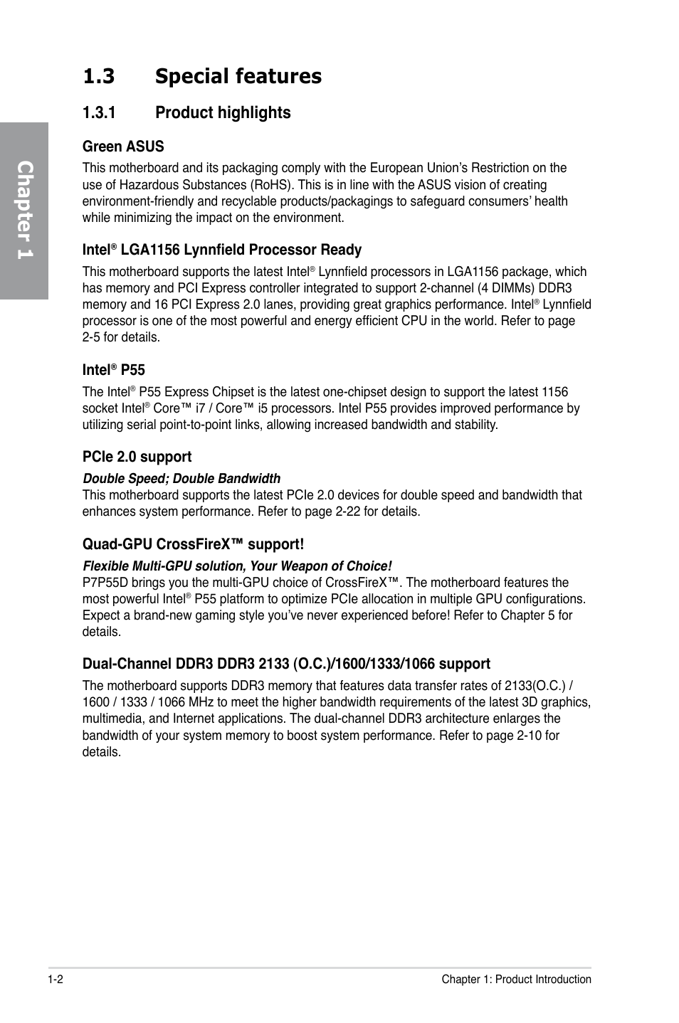 Chapter 1 1.3 special features, 1 product highlights | Asus Motherboard P7P55D User Manual | Page 16 / 122