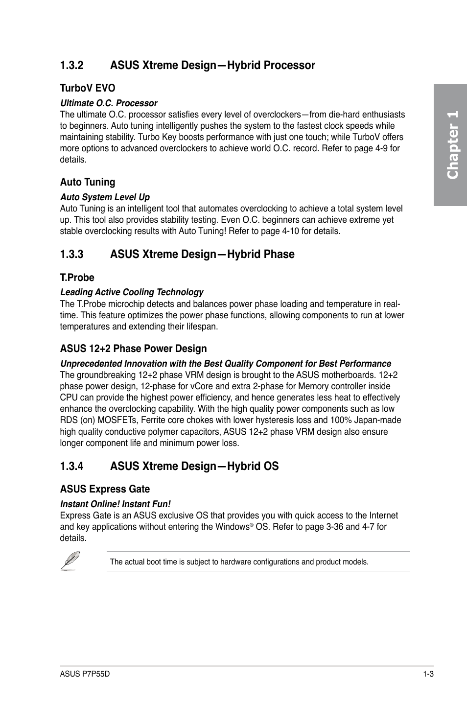 Chapter 1, 2 asus xtreme design—hybrid processor, 3 asus xtreme design—hybrid phase | 4 asus xtreme design—hybrid os | Asus Motherboard P7P55D User Manual | Page 17 / 122