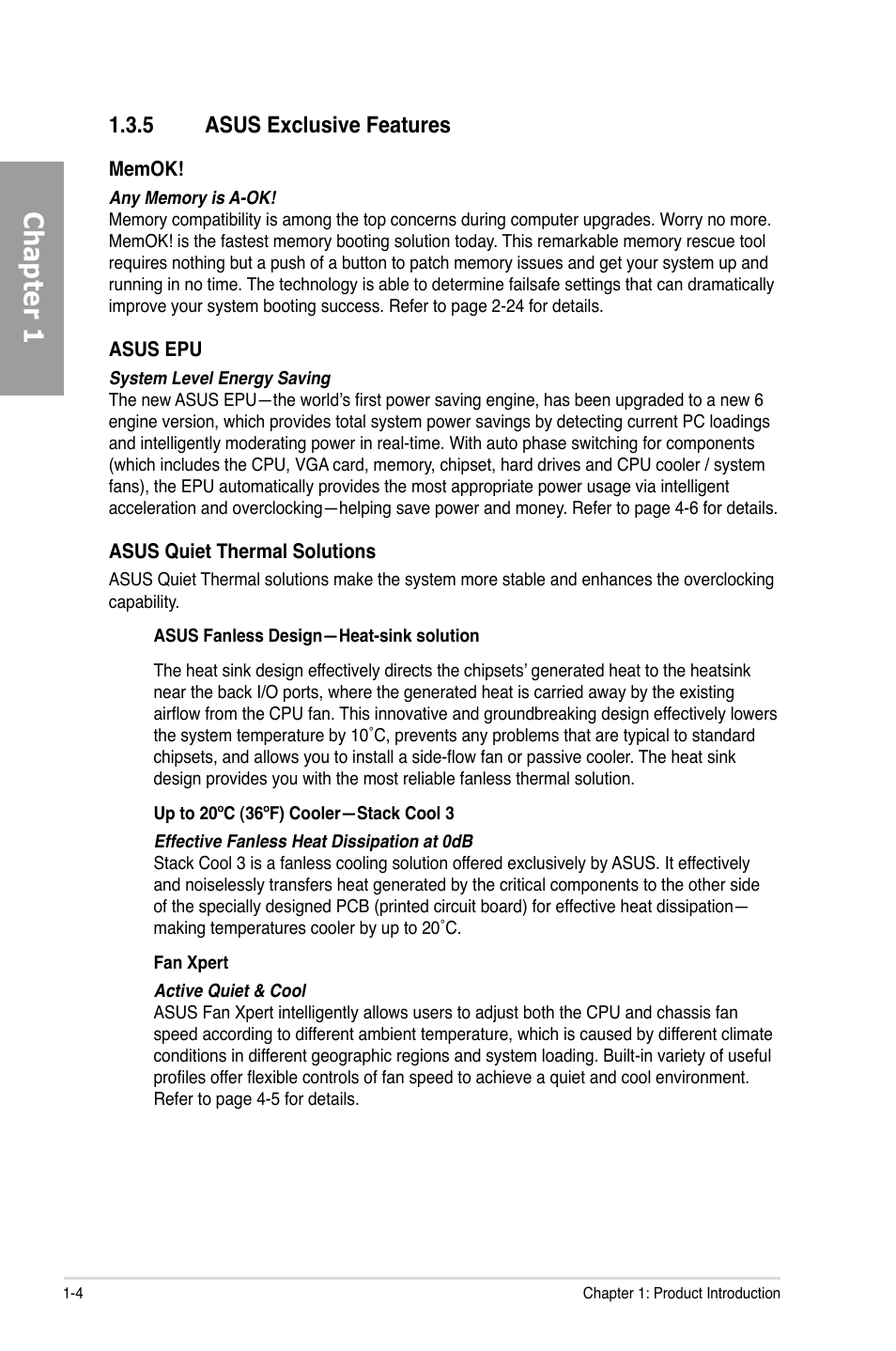 Chapter 1, 5 asus exclusive features | Asus Motherboard P7P55D User Manual | Page 18 / 122