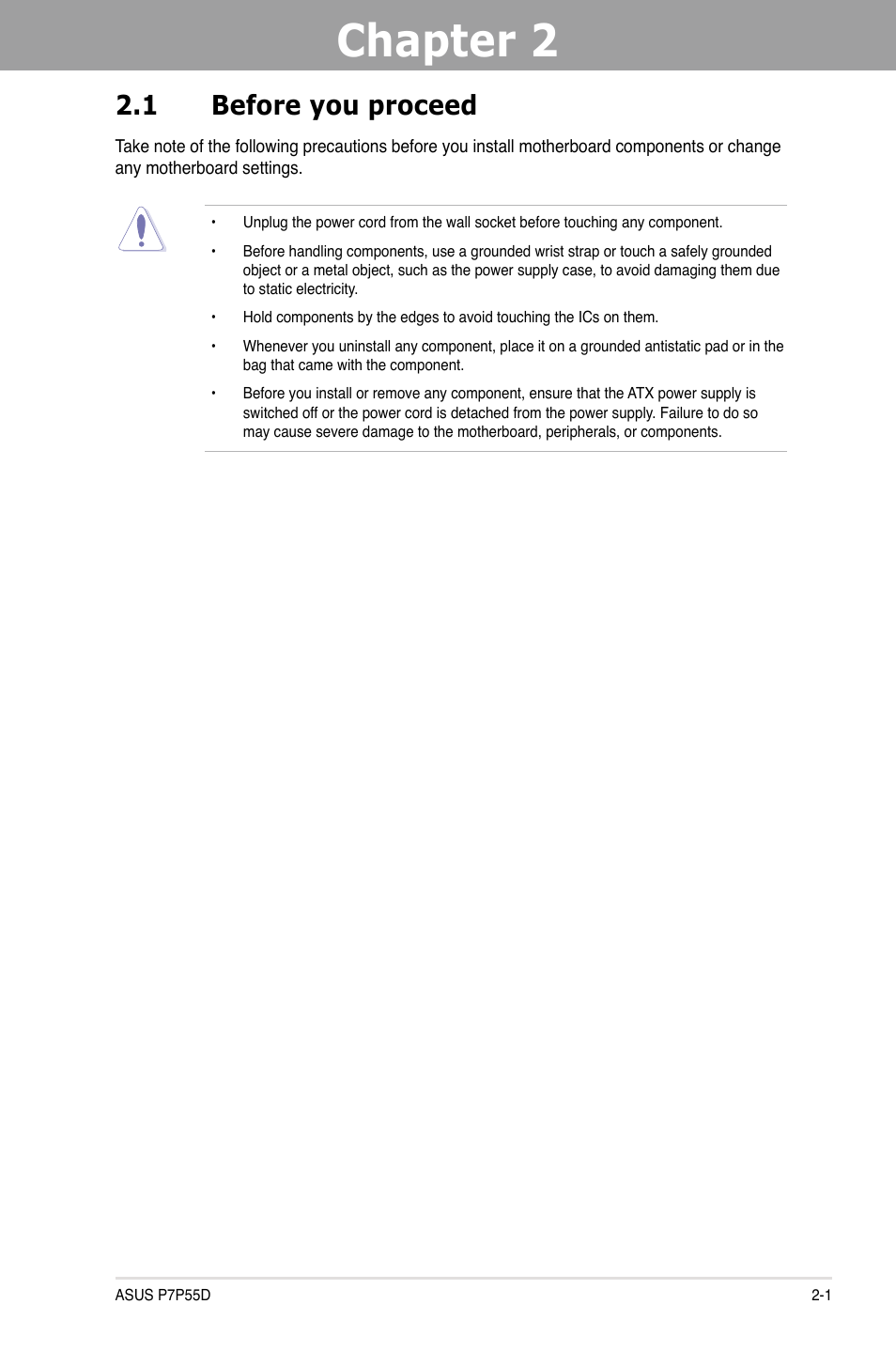 Chapter 2, 1 before you proceed | Asus Motherboard P7P55D User Manual | Page 21 / 122