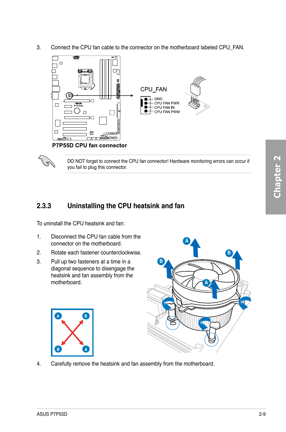 Chapter 2, 3 uninstalling the cpu heatsink and fan | Asus Motherboard P7P55D User Manual | Page 29 / 122