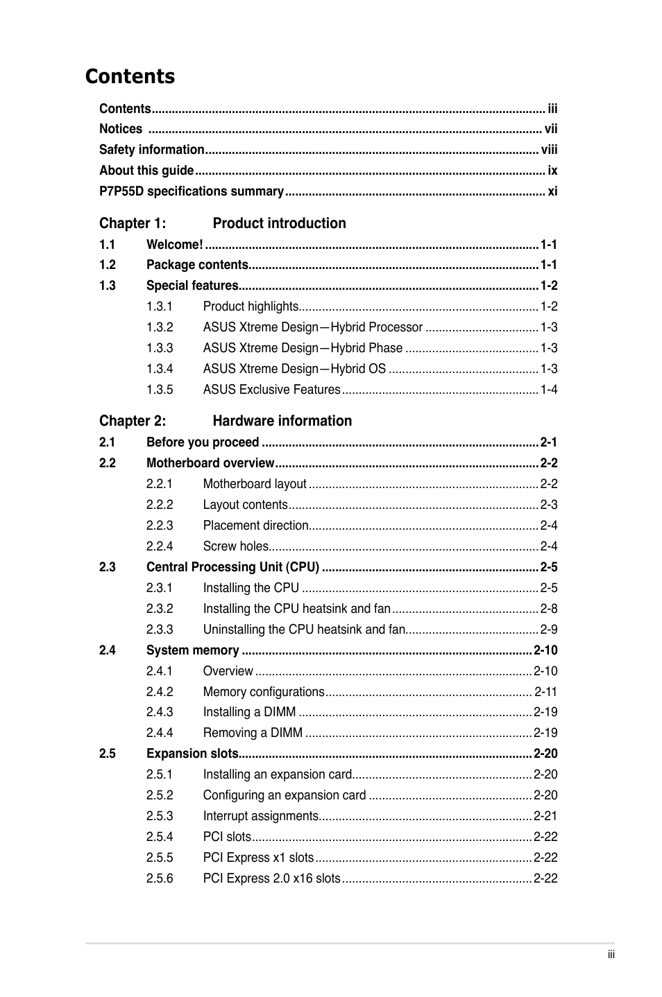 Asus Motherboard P7P55D User Manual | Page 3 / 122