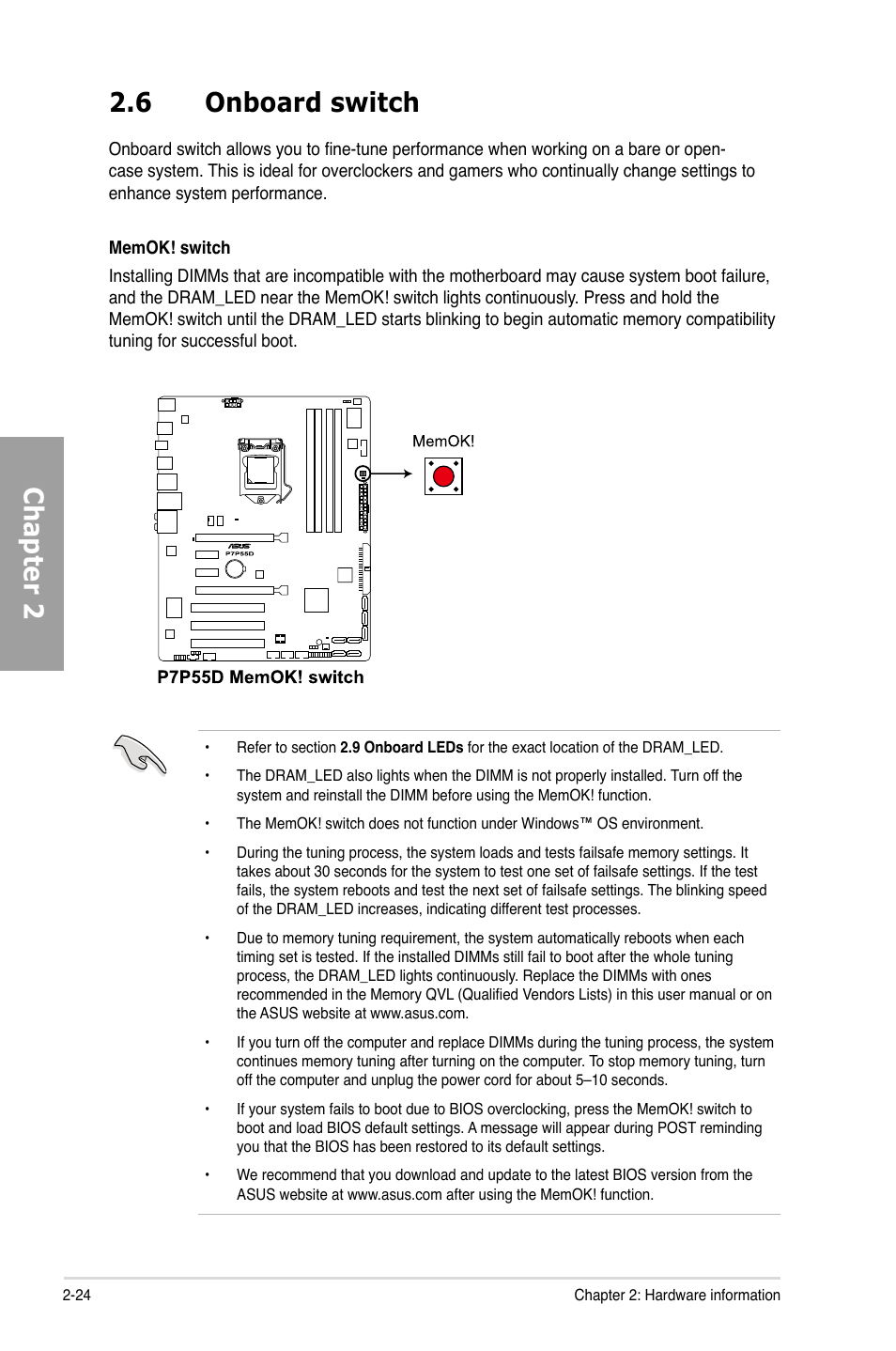 Chapter 2 2.6 onboard switch | Asus Motherboard P7P55D User Manual | Page 44 / 122