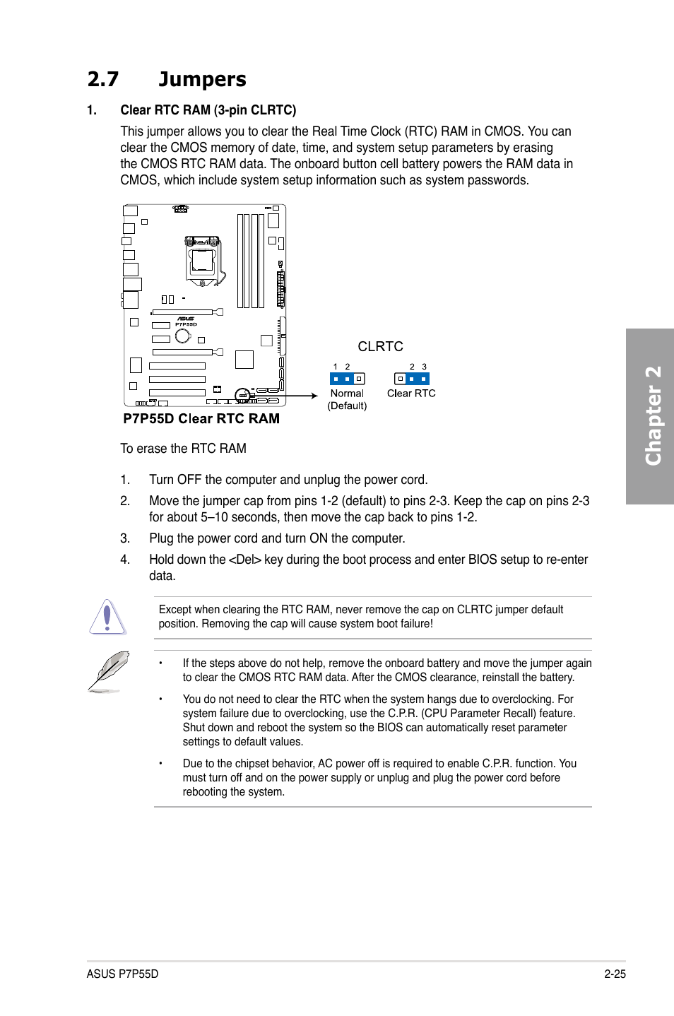 Chapter 2 2.7 jumpers | Asus Motherboard P7P55D User Manual | Page 45 / 122