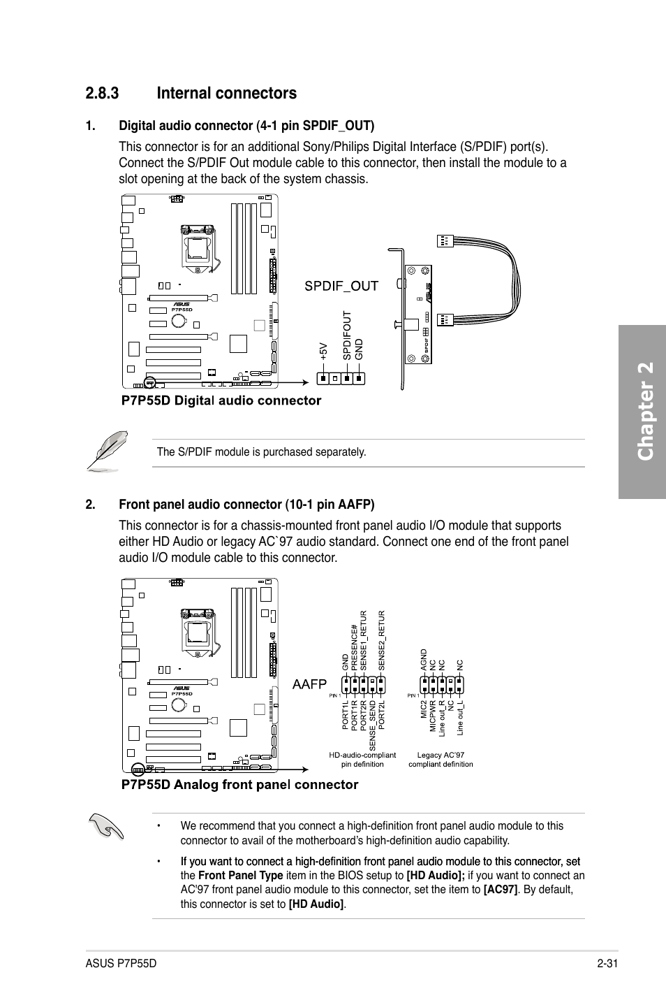 Chapter 2, 3 internal connectors | Asus Motherboard P7P55D User Manual | Page 51 / 122