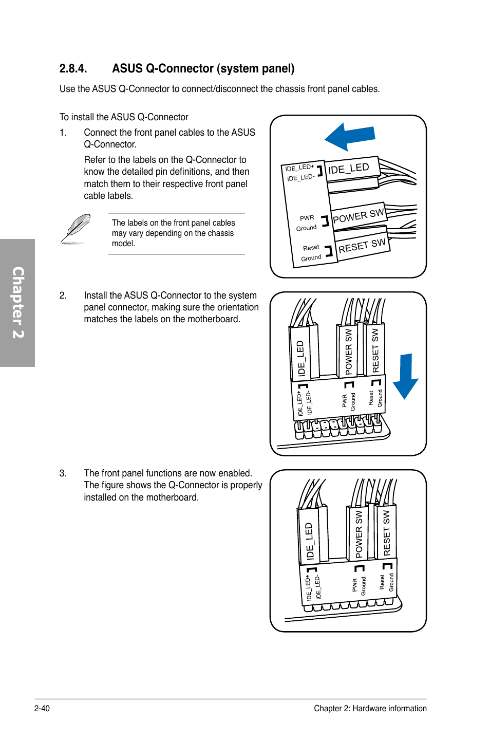 Chapter 2, Asus q-connector (system panel) | Asus Motherboard P7P55D User Manual | Page 60 / 122