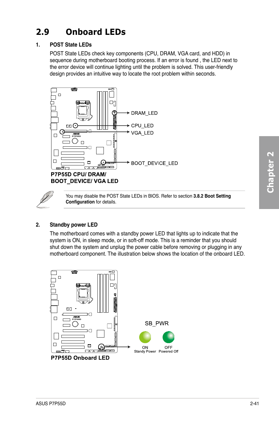 Chapter 2 2.9 onboard leds | Asus Motherboard P7P55D User Manual | Page 61 / 122