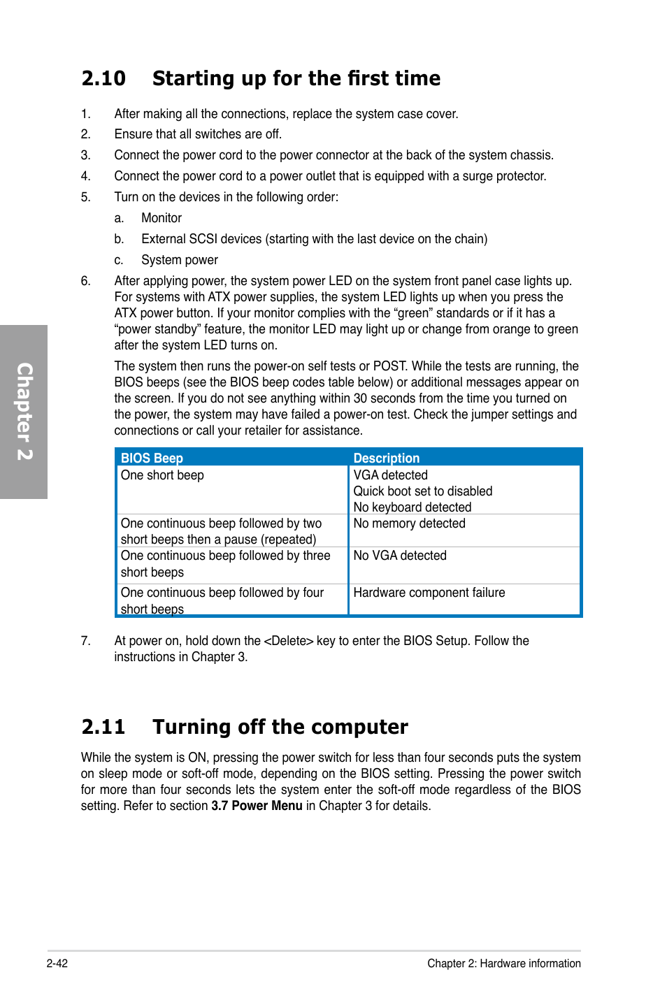 Chapter 2 2.10 starting up for the first time, 11 turning off the computer | Asus Motherboard P7P55D User Manual | Page 62 / 122