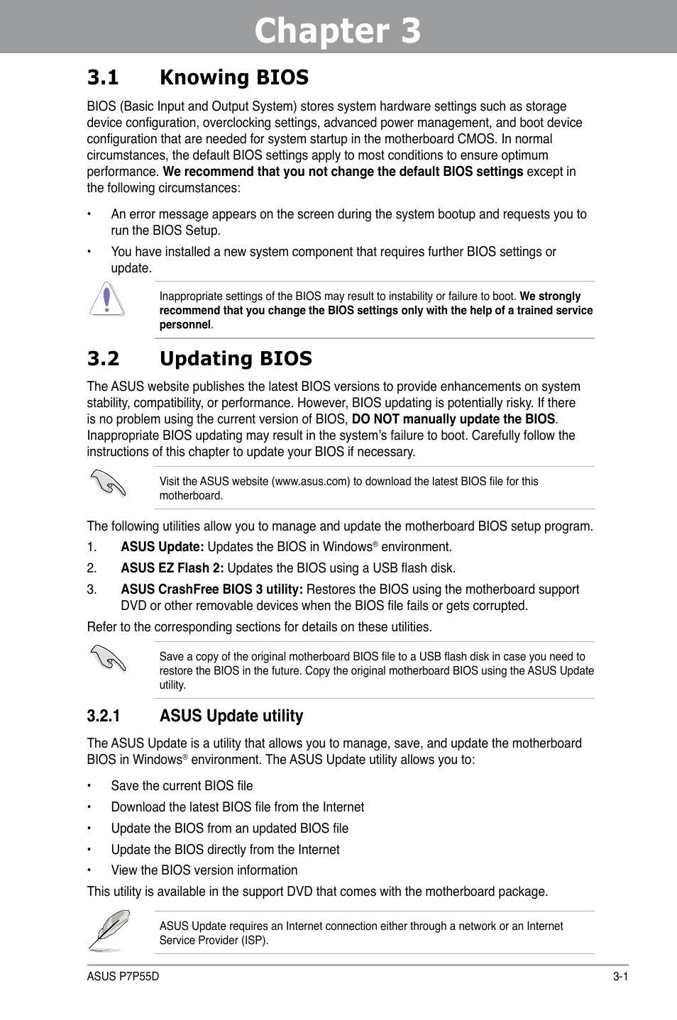 Chapter 3, 1 knowing bios, 2 updating bios | 1 asus update utility | Asus Motherboard P7P55D User Manual | Page 63 / 122