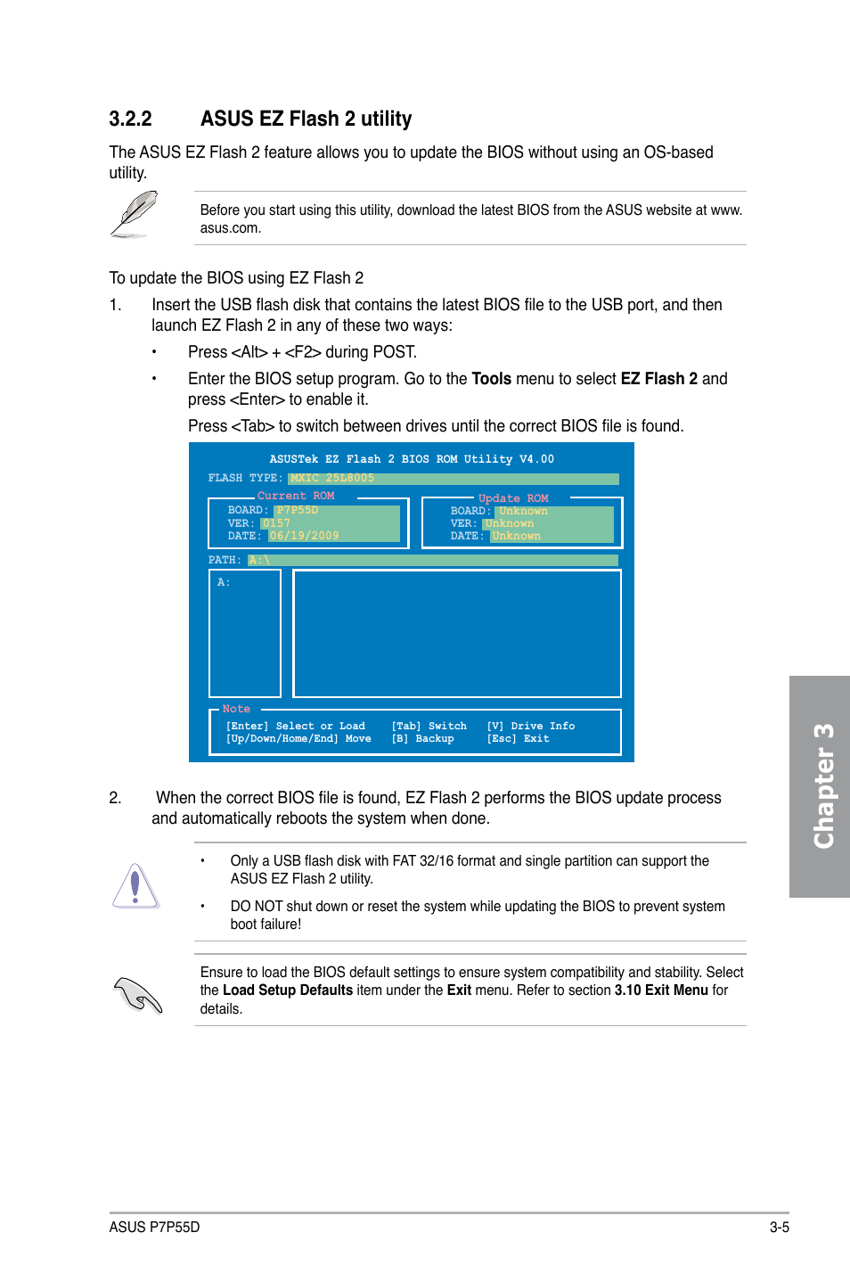 Chapter 3, 2 asus ez flash 2 utility | Asus Motherboard P7P55D User Manual | Page 67 / 122