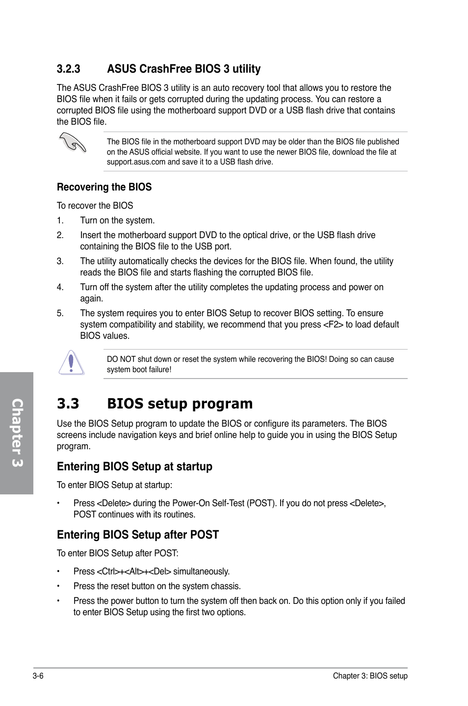 Chapter 3 3.3 bios setup program, Entering bios setup at startup, Entering bios setup after post | 3 asus crashfree bios 3 utility | Asus Motherboard P7P55D User Manual | Page 68 / 122