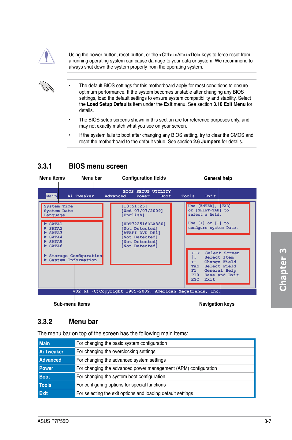 Chapter 3, 2 menu bar, 1 bios menu screen | Asus Motherboard P7P55D User Manual | Page 69 / 122