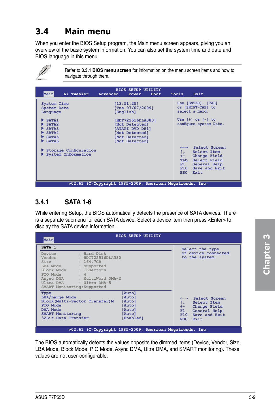 Chapter 3 3.4 main menu, 1 sata 1-6 | Asus Motherboard P7P55D User Manual | Page 71 / 122