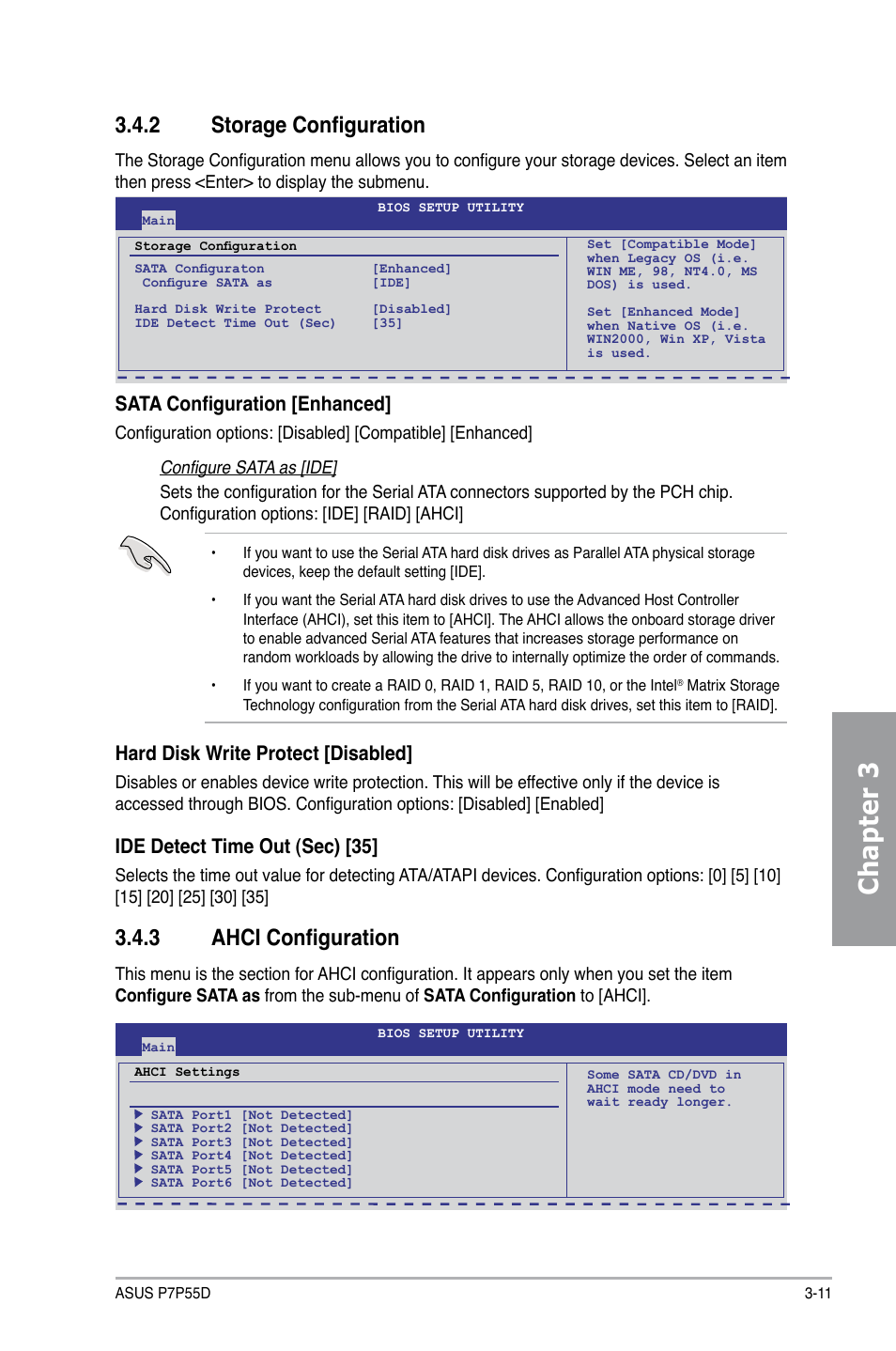 Chapter 3, 2 storage configuration, 3 ahci configuration | Sata configuration [enhanced, Hard disk write protect [disabled, Ide detect time out (sec) [35 | Asus Motherboard P7P55D User Manual | Page 73 / 122