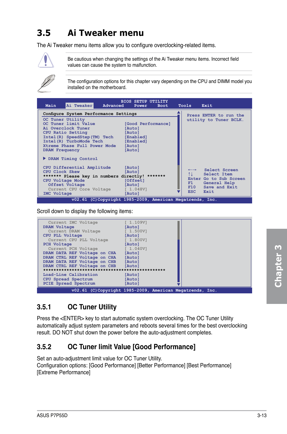 Chapter 3 3.5 ai tweaker menu, 1 oc tuner utility, 2 oc tuner limit value [good performance | Scroll down to display the following items | Asus Motherboard P7P55D User Manual | Page 75 / 122