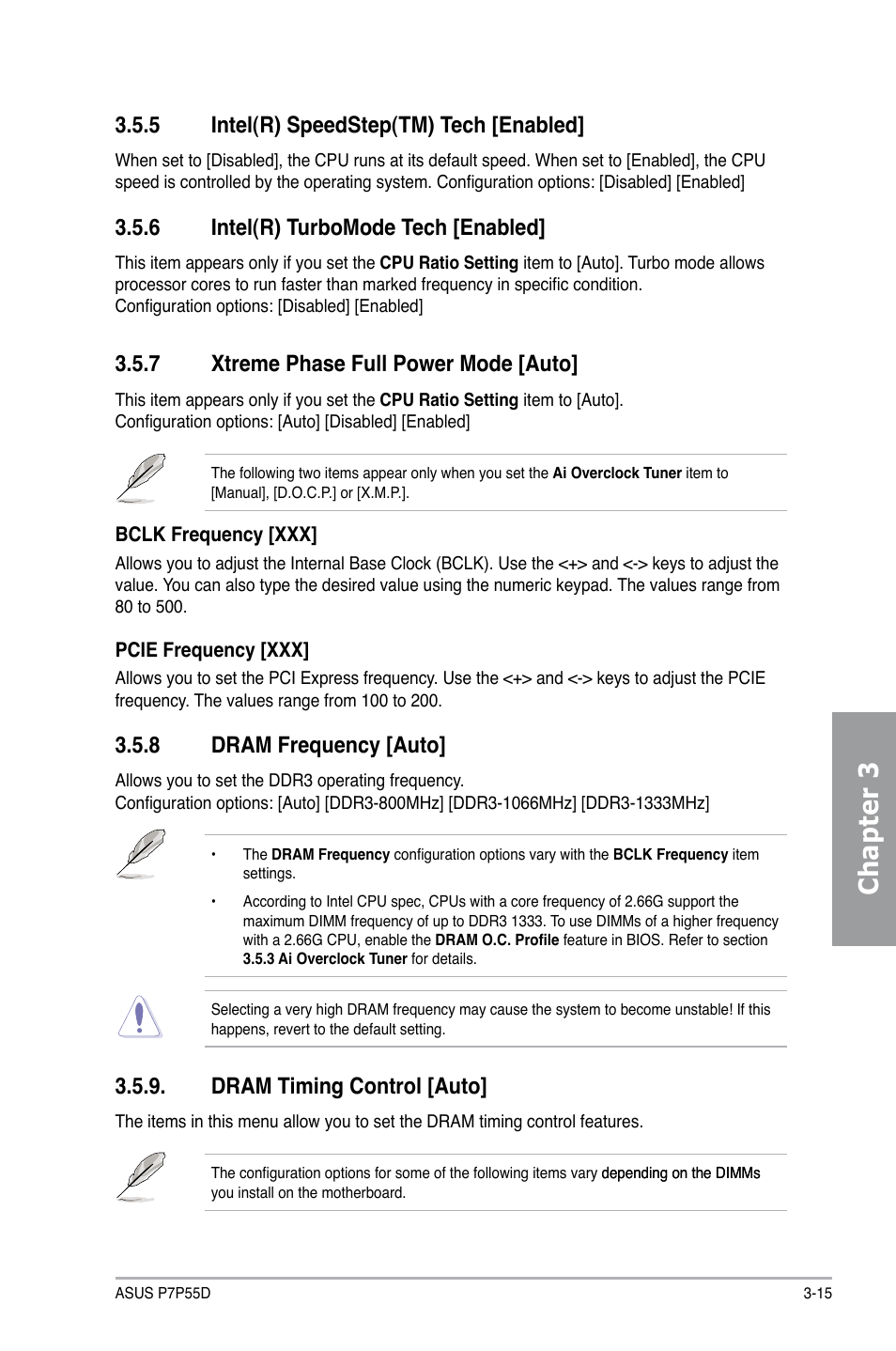 Chapter 3, 5 intel(r) speedstep(tm) tech [enabled, 6 intel(r) turbomode tech [enabled | 7 xtreme phase full power mode [auto, 8 dram frequency [auto, Dram timing control [auto | Asus Motherboard P7P55D User Manual | Page 77 / 122