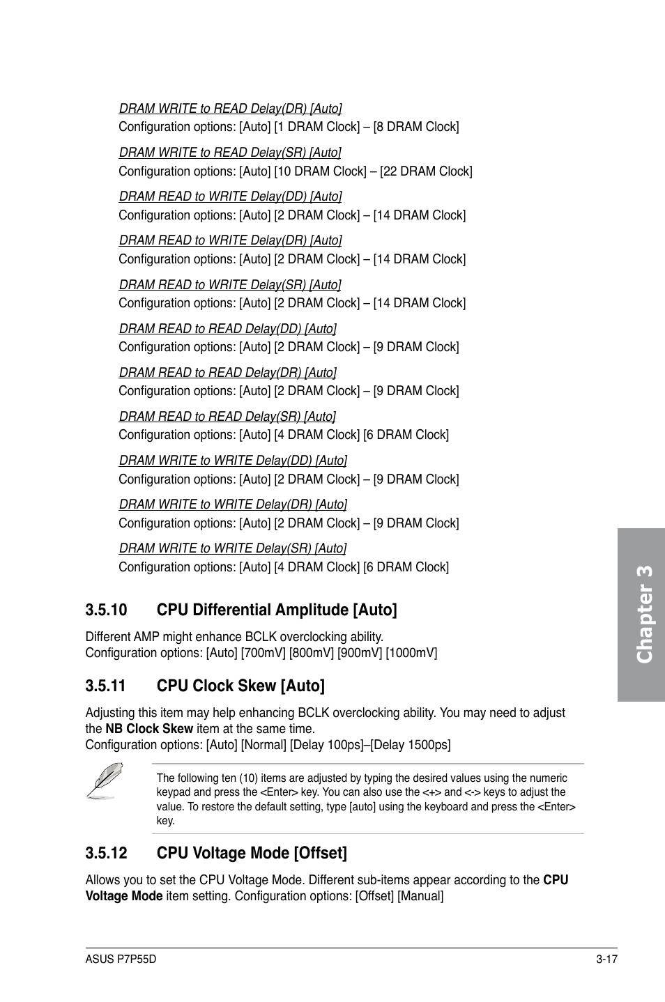 Chapter 3, 10 cpu differential amplitude [auto, 11 cpu clock skew [auto | 12 cpu voltage mode [offset | Asus Motherboard P7P55D User Manual | Page 79 / 122