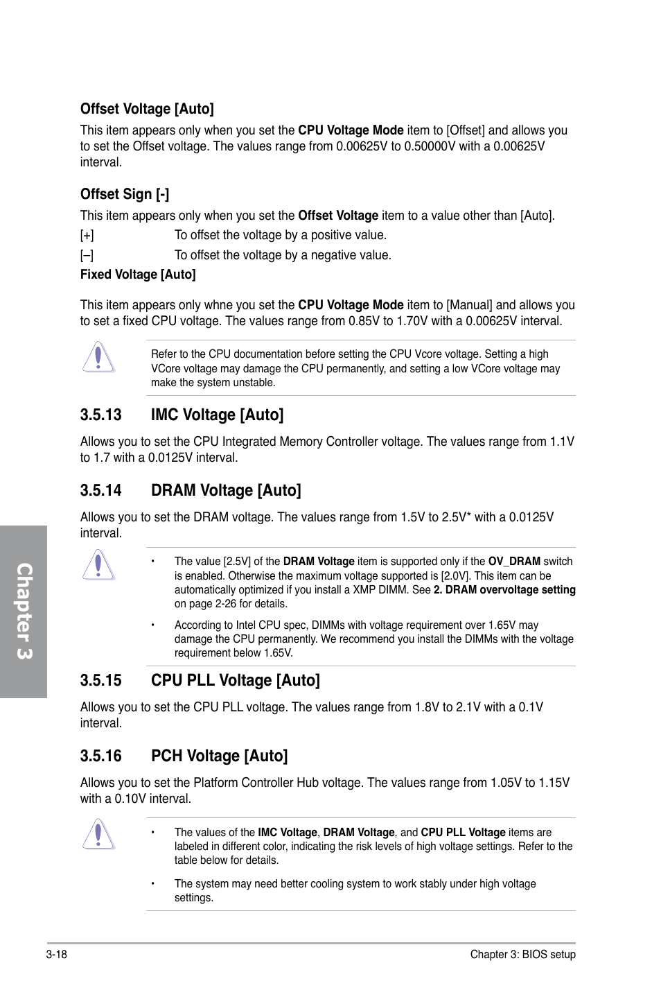 Chapter 3, 13 imc voltage [auto, 14 dram voltage [auto | 15 cpu pll voltage [auto, 16 pch voltage [auto | Asus Motherboard P7P55D User Manual | Page 80 / 122