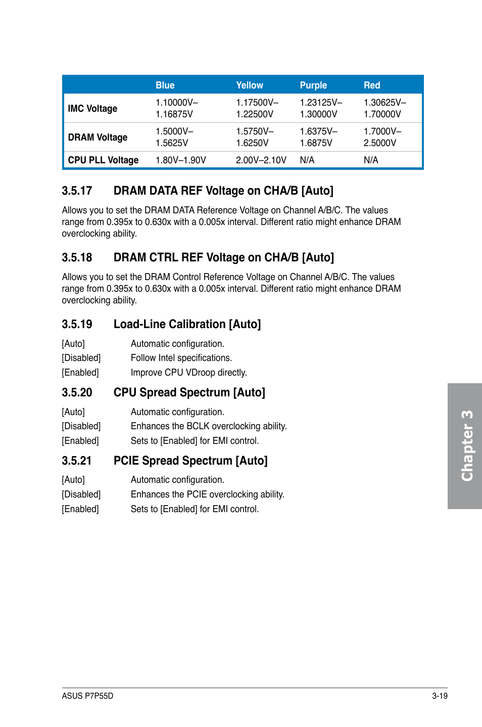 Chapter 3, 17 dram data ref voltage on cha/b [auto, 18 dram ctrl ref voltage on cha/b [auto | 19 load-line calibration [auto, 20 cpu spread spectrum [auto, 21 pcie spread spectrum [auto | Asus Motherboard P7P55D User Manual | Page 81 / 122