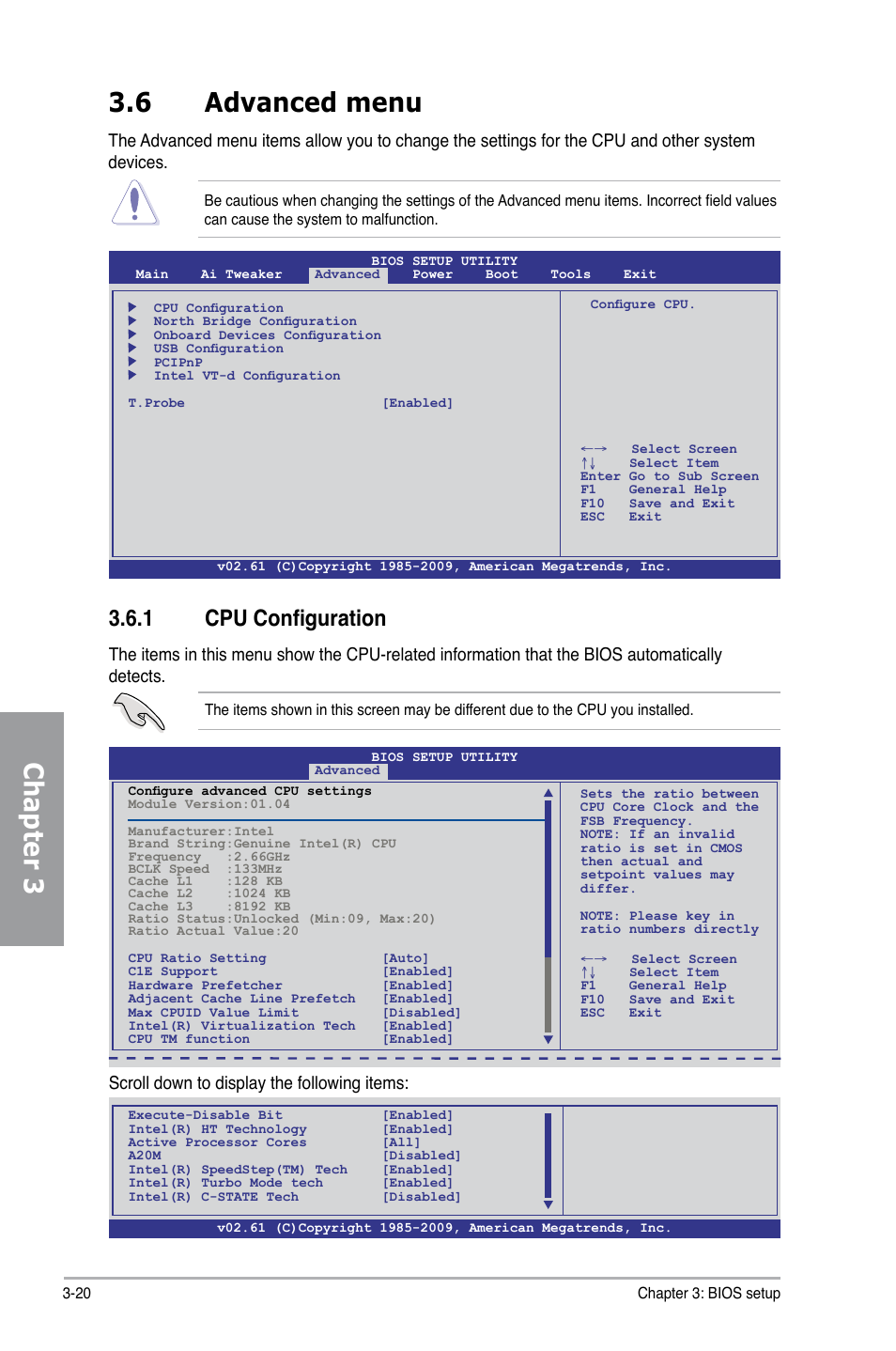 Chapter 3, 6 advanced menu, 1 cpu configuration | Scroll down to display the following items | Asus Motherboard P7P55D User Manual | Page 82 / 122