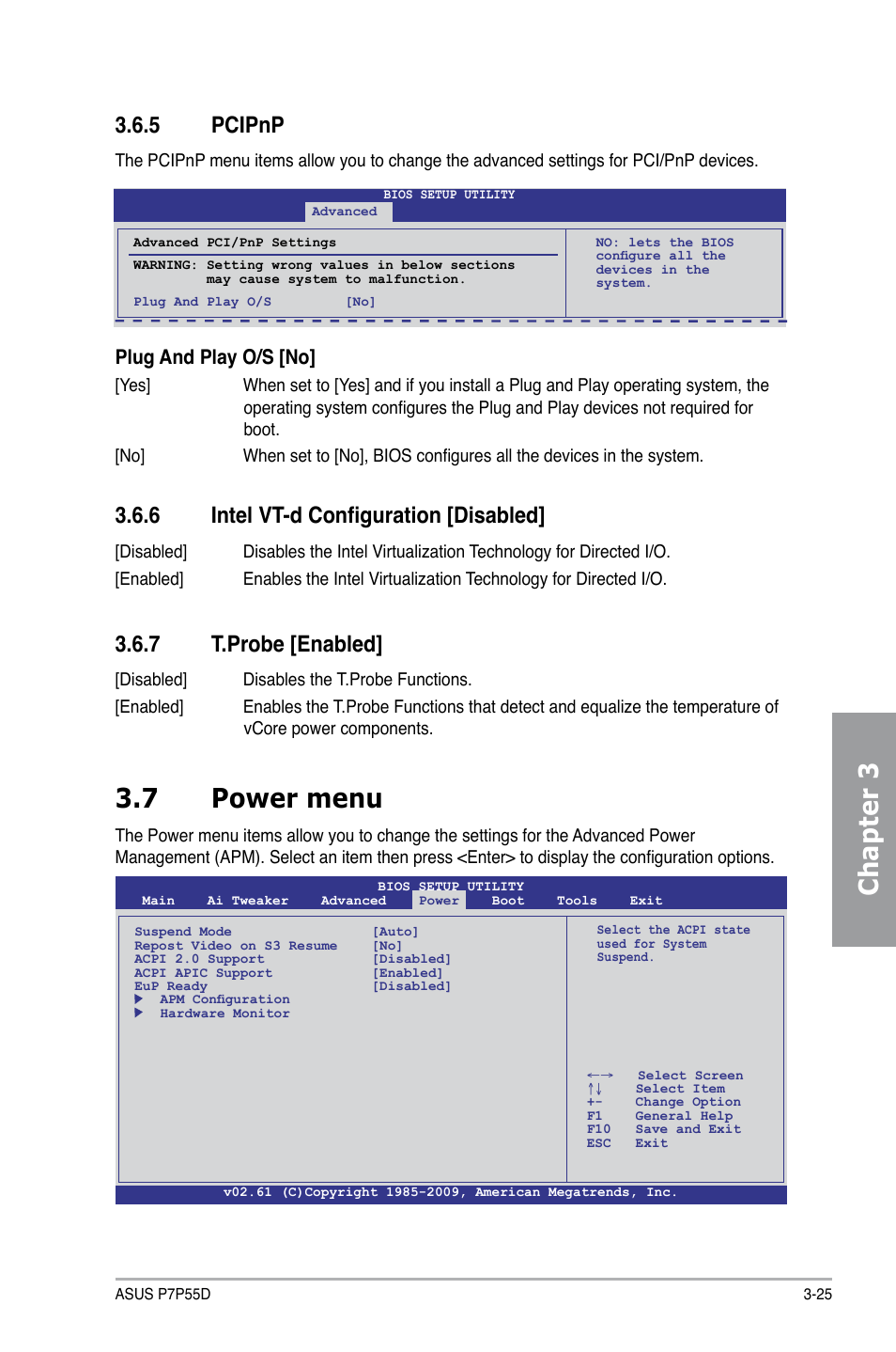 Chapter 3, 7 power menu, 5 pcipnp | 6 intel vt-d configuration [disabled, 7 t.probe [enabled, Plug and play o/s [no | Asus Motherboard P7P55D User Manual | Page 87 / 122