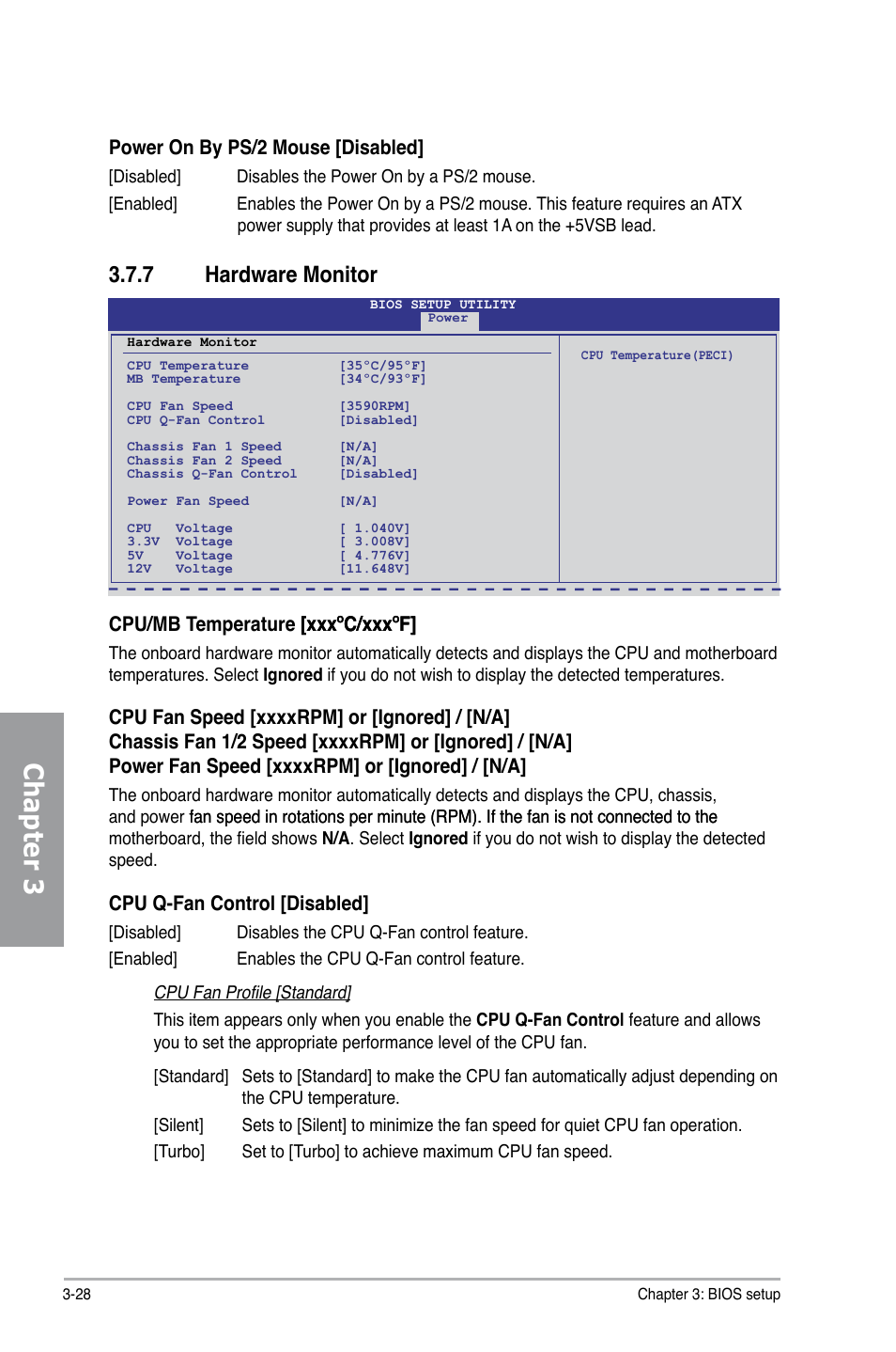 Chapter 3, 7 hardware monitor, Cpu/mb temperature [xxxºc/xxxºf] [xxxºc/xxxºf | Cpu q-fan control [disabled, Power on by ps/2 mouse [disabled | Asus Motherboard P7P55D User Manual | Page 90 / 122