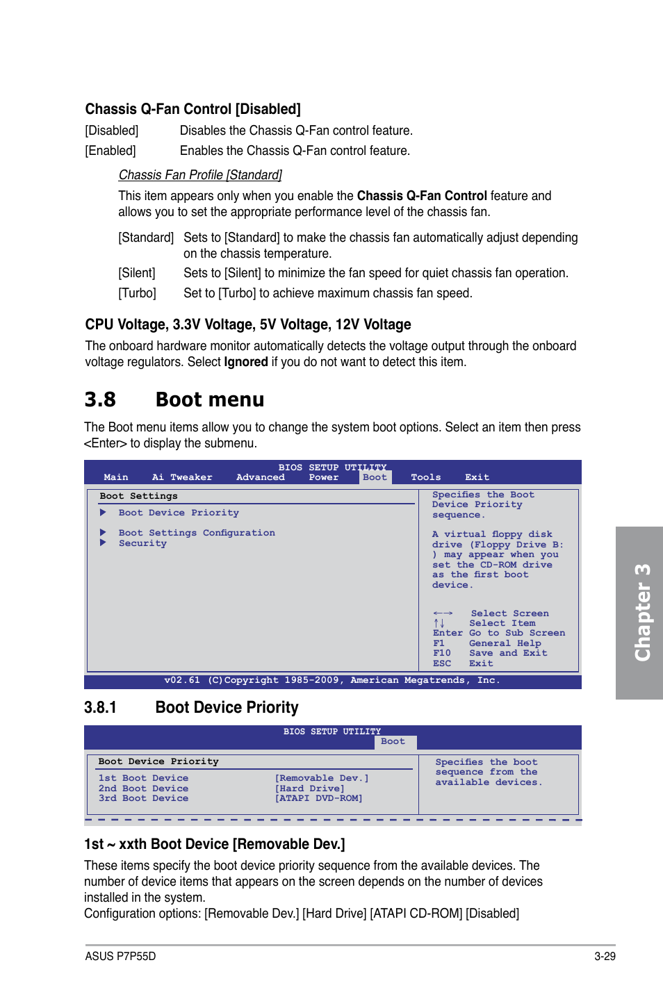 Chapter 3, 8 boot menu, 1 boot device priority | Chassis q-fan control [disabled, 1st ~ xxth boot device [removable dev | Asus Motherboard P7P55D User Manual | Page 91 / 122