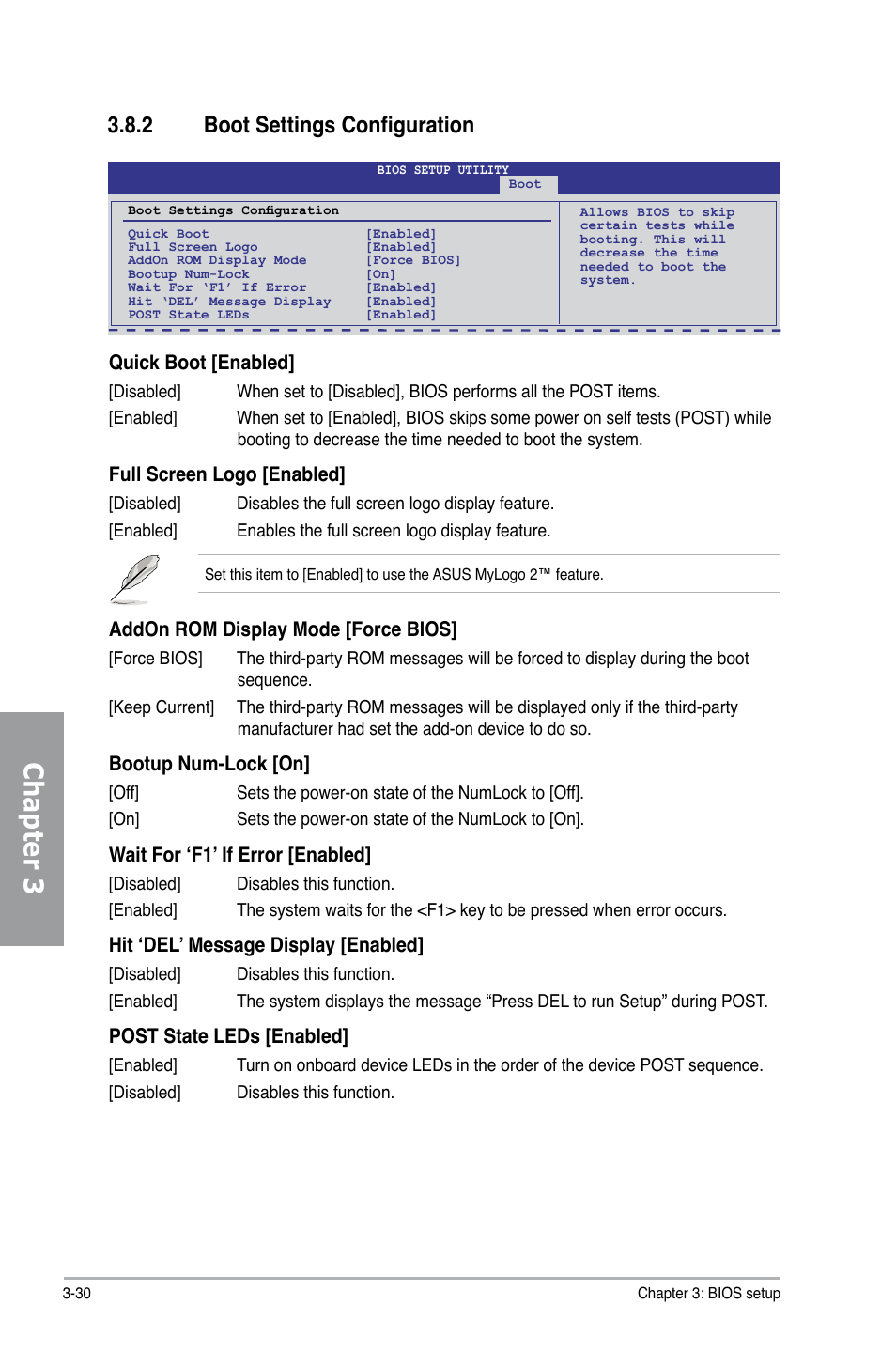 Chapter 3, 2 boot settings configuration, Quick boot [enabled | Full screen logo [enabled, Addon rom display mode [force bios, Bootup num-lock [on, Wait for ‘f1’ if error [enabled, Hit ‘del’ message display [enabled, Post state leds [enabled | Asus Motherboard P7P55D User Manual | Page 92 / 122