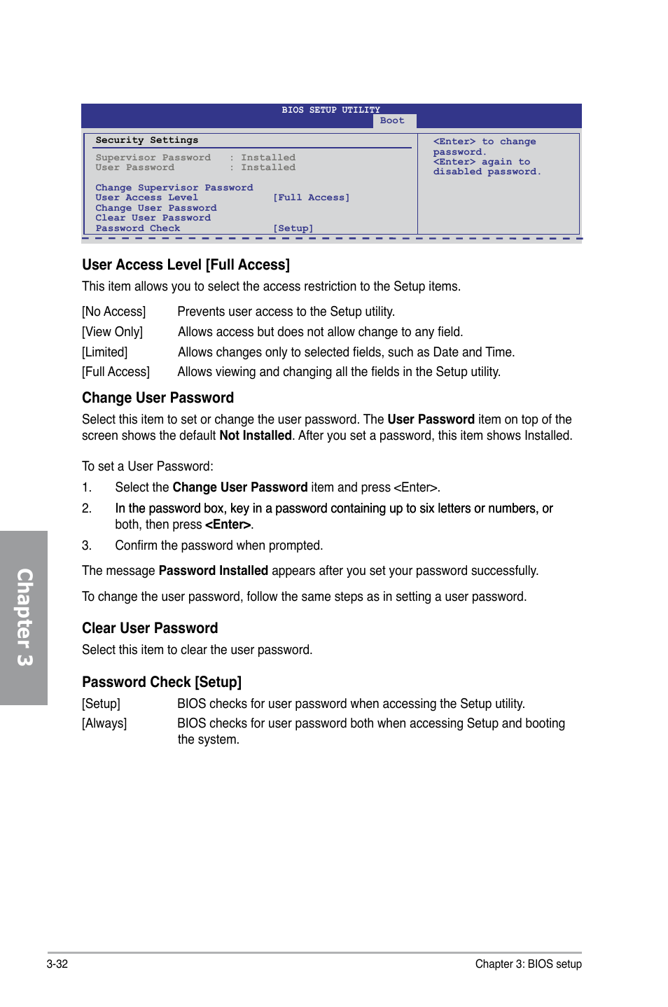 Chapter 3, User access level [full access, Change user password | Clear user password, Password check [setup | Asus Motherboard P7P55D User Manual | Page 94 / 122