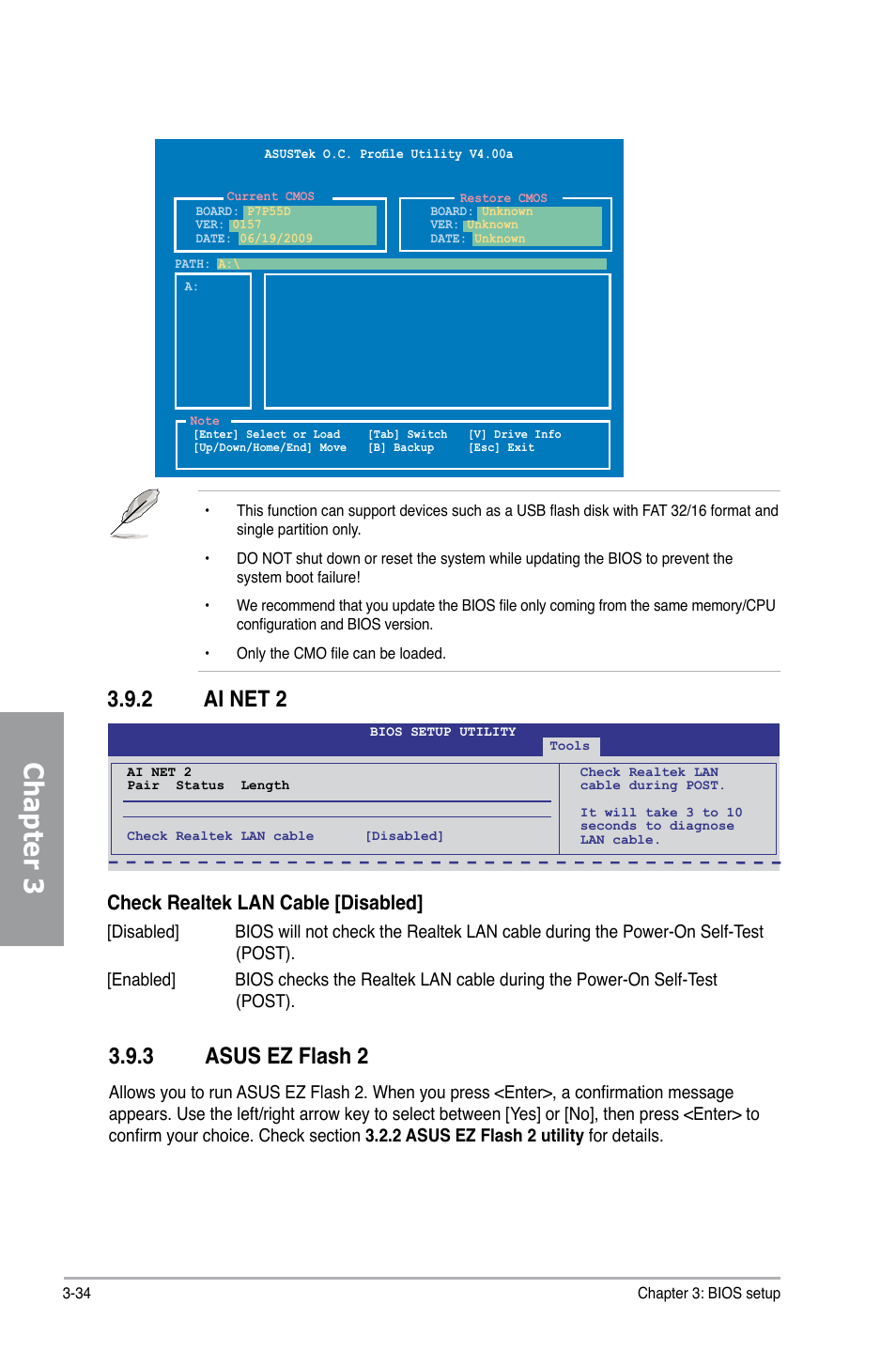 Chapter 3, 3 asus ez flash 2, 2 ai net 2 | Check realtek lan cable [disabled | Asus Motherboard P7P55D User Manual | Page 96 / 122
