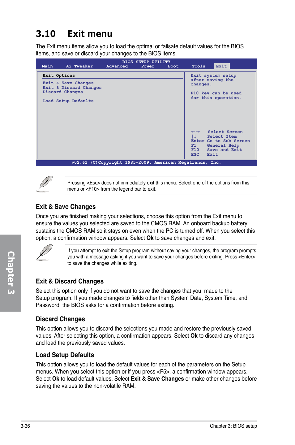 Chapter 3 3.10 exit menu, Exit & save changes, Exit & discard changes | Discard changes, Load setup defaults | Asus Motherboard P7P55D User Manual | Page 98 / 122