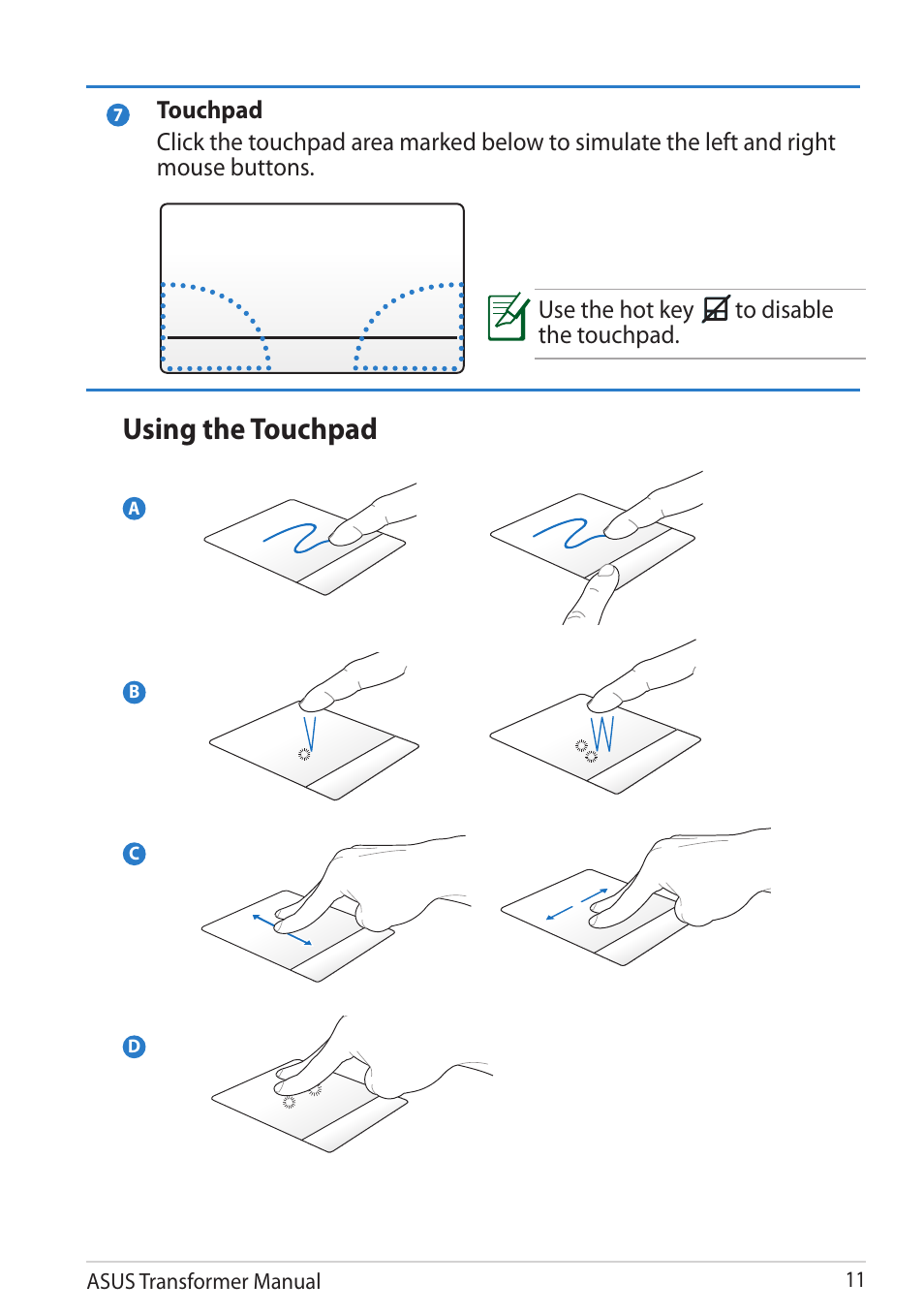 Using the touchpad | Asus TF201 User Manual | Page 11 / 80