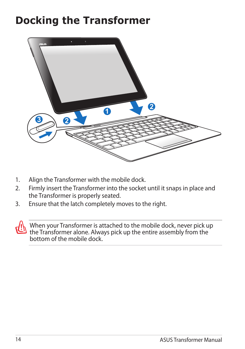 Docking the transformer | Asus TF201 User Manual | Page 14 / 80