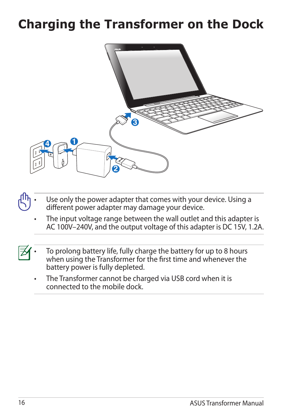 Charging the transformer on the dock | Asus TF201 User Manual | Page 16 / 80