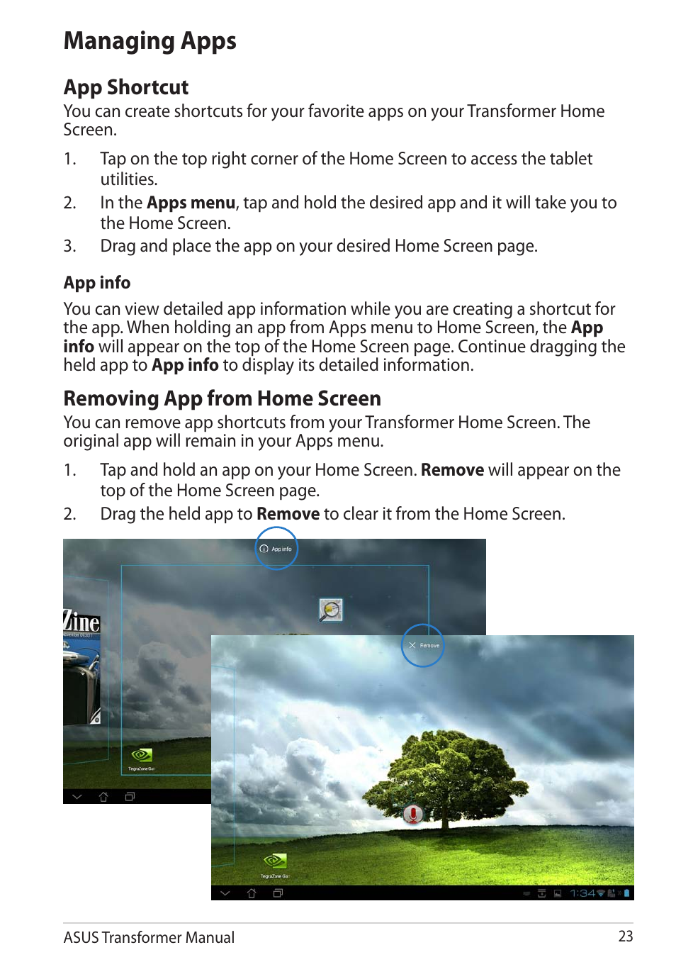 Managing apps, App shortcut, Removing app from home screen | Asus TF201 User Manual | Page 23 / 80