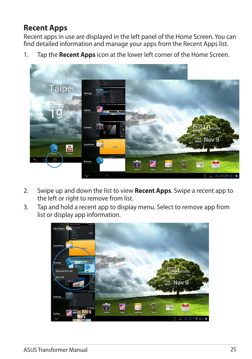 Recent apps | Asus TF201 User Manual | Page 25 / 80