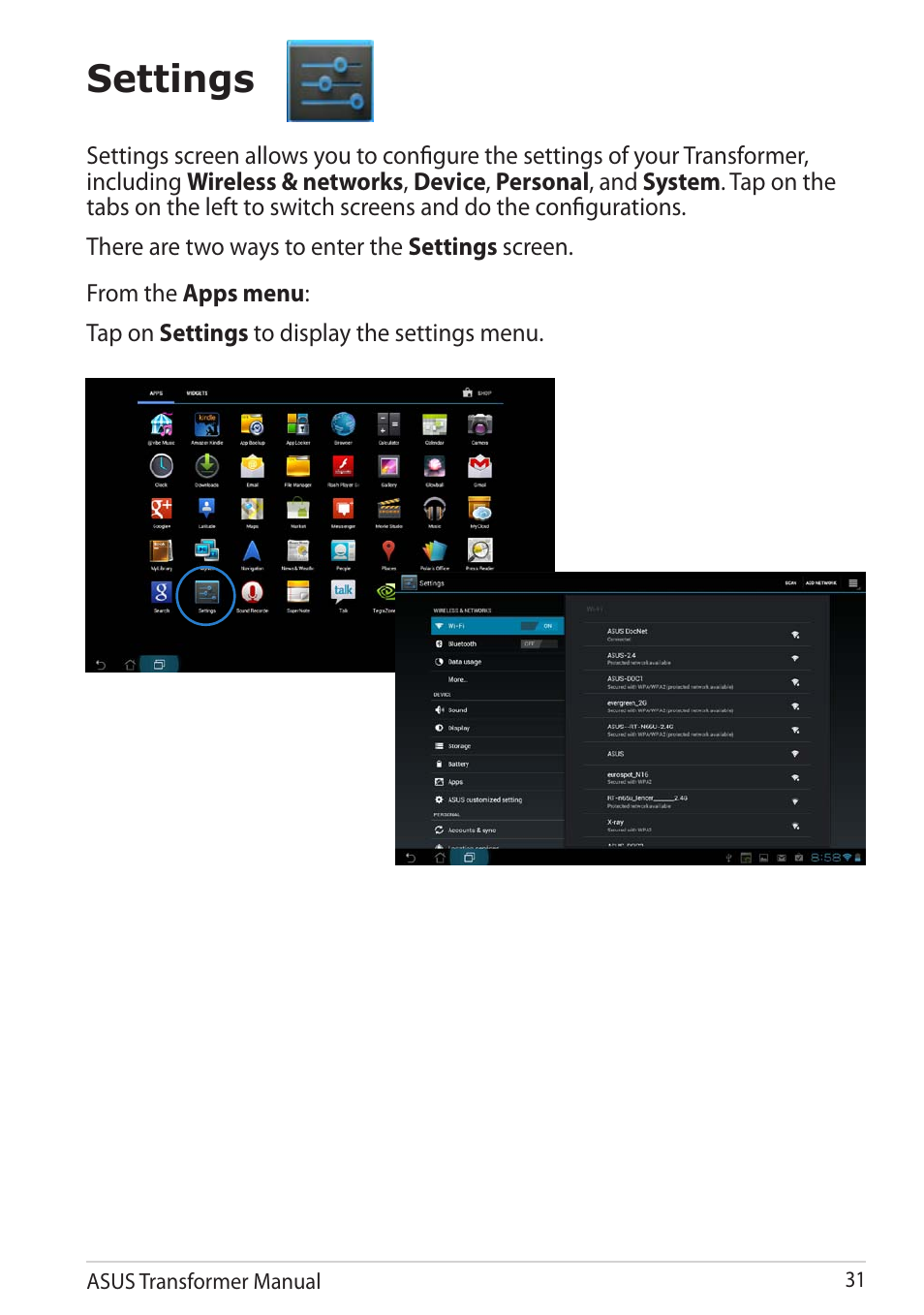 Settings | Asus TF201 User Manual | Page 31 / 80