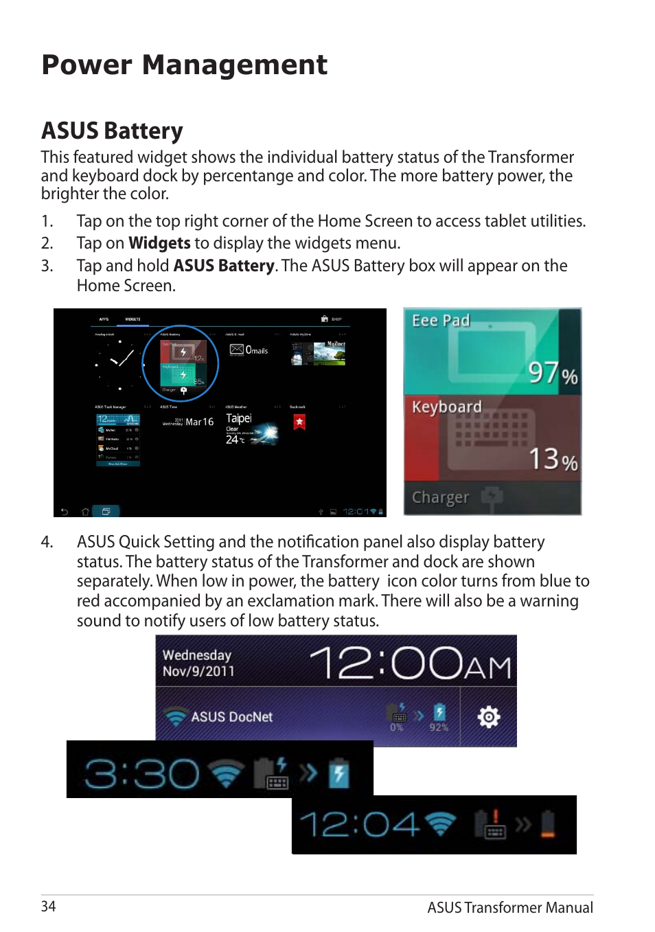 Power management, Asus battery | Asus TF201 User Manual | Page 34 / 80