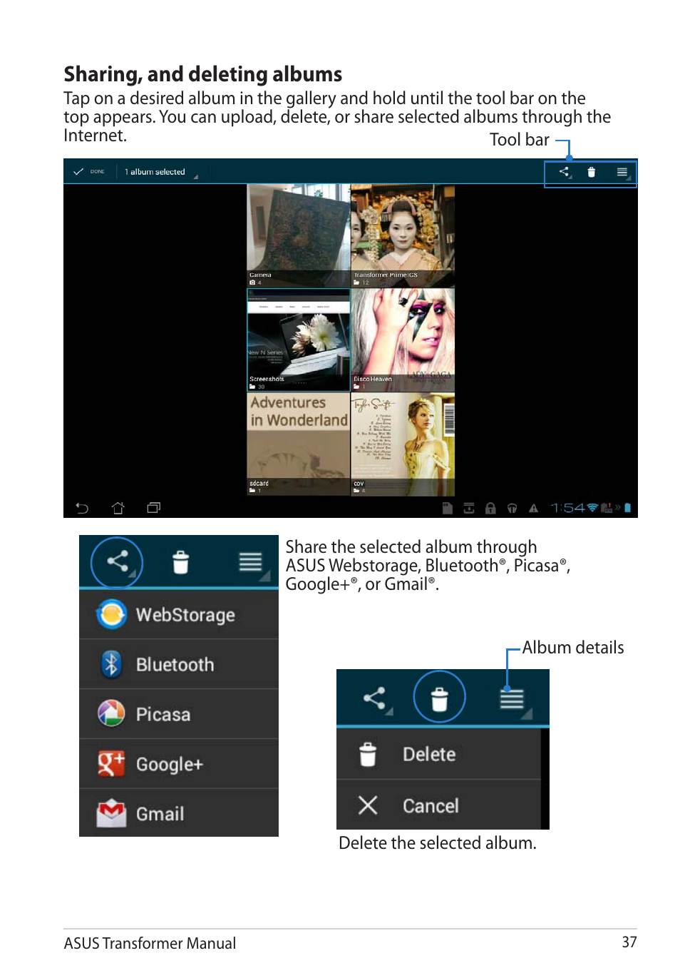 Sharing, and deleting albums | Asus TF201 User Manual | Page 37 / 80