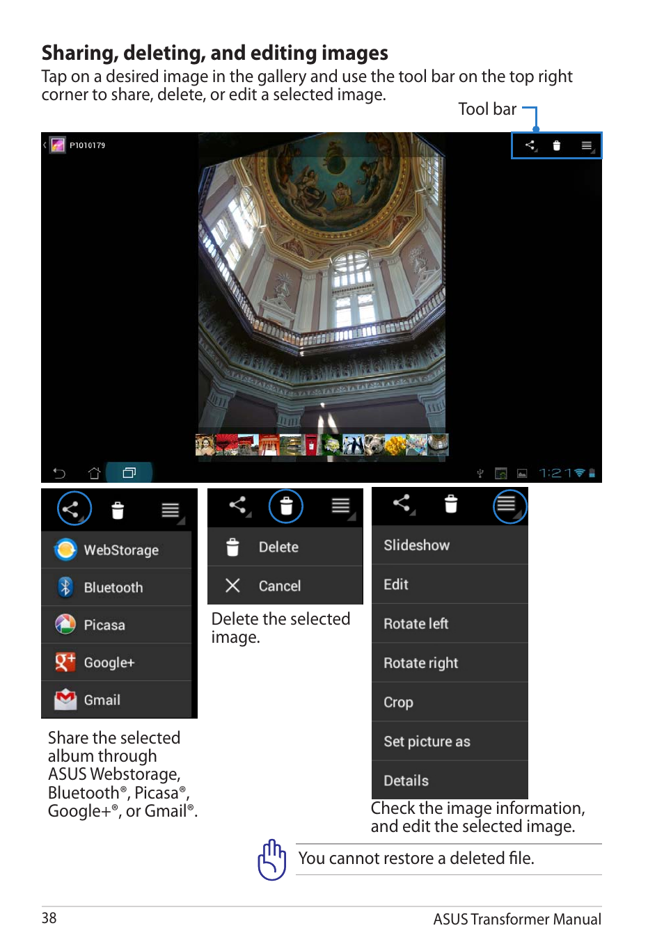 Sharing, deleting, and editing images | Asus TF201 User Manual | Page 38 / 80