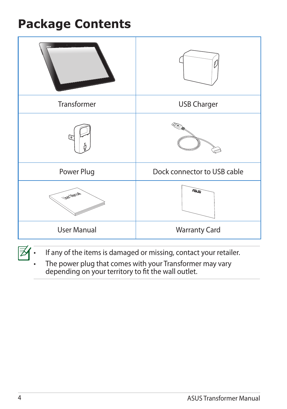 Package contents | Asus TF201 User Manual | Page 4 / 80