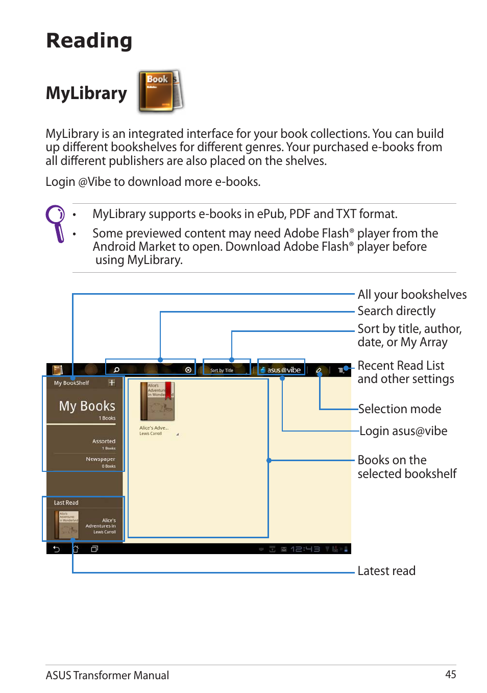 Reading, Mylibrary | Asus TF201 User Manual | Page 45 / 80