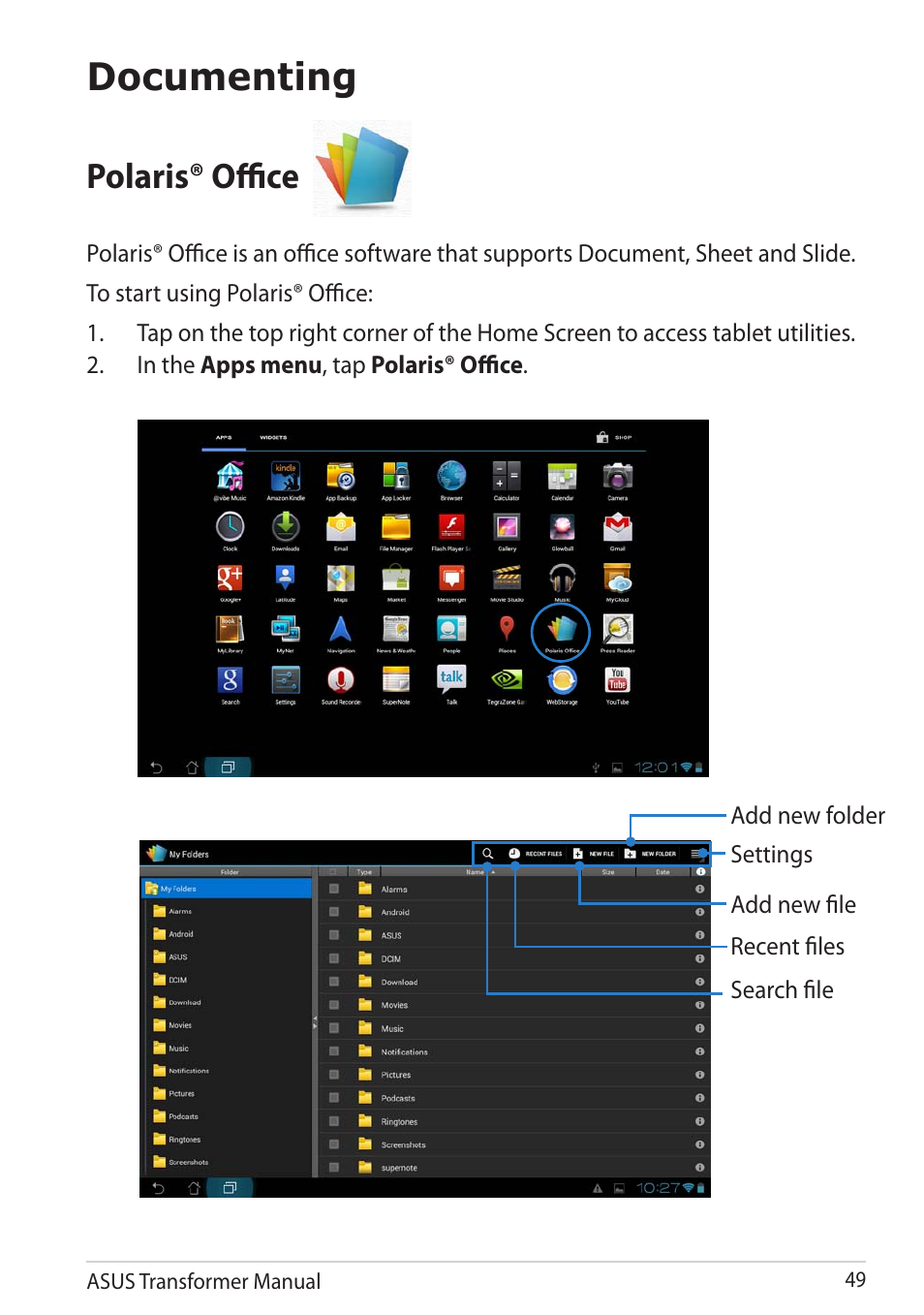 Documenting, Polaris® office | Asus TF201 User Manual | Page 49 / 80