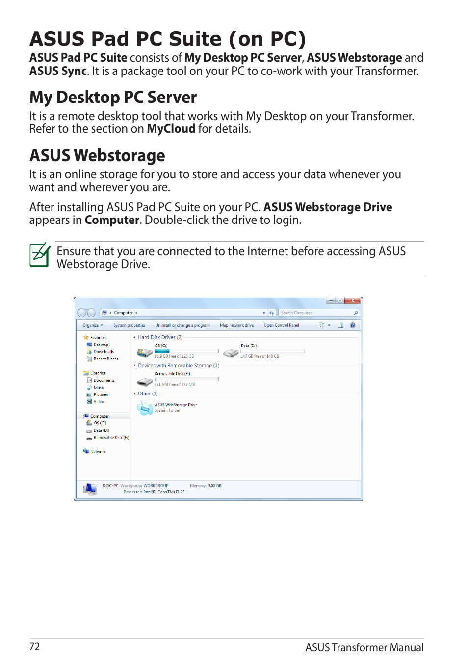 Asus pad pc suite (on pc), My desktop pc server, Asus webstorage | My desktop pc server asus webstorage | Asus TF201 User Manual | Page 72 / 80