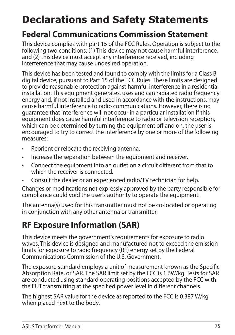 Declarations and safety statements, Federal communications commission statement, Rf exposure information (sar) | Asus TF201 User Manual | Page 75 / 80