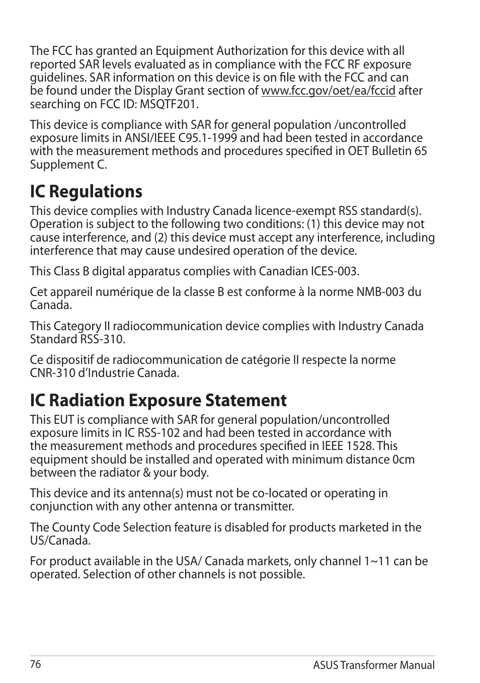 Ic regulations, Ic radiation exposure statement, Ic regulations ic radiation exposure statement | Asus TF201 User Manual | Page 76 / 80