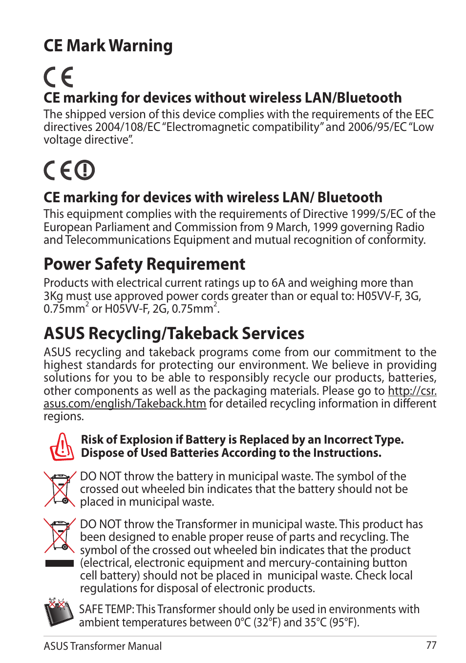 Ce mark warning, Power safety requirement, Asus recycling/takeback services | Asus TF201 User Manual | Page 77 / 80